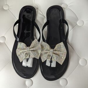 Womens Rhinestone Bow Flip Flops Thong Flat Sandals Slipper